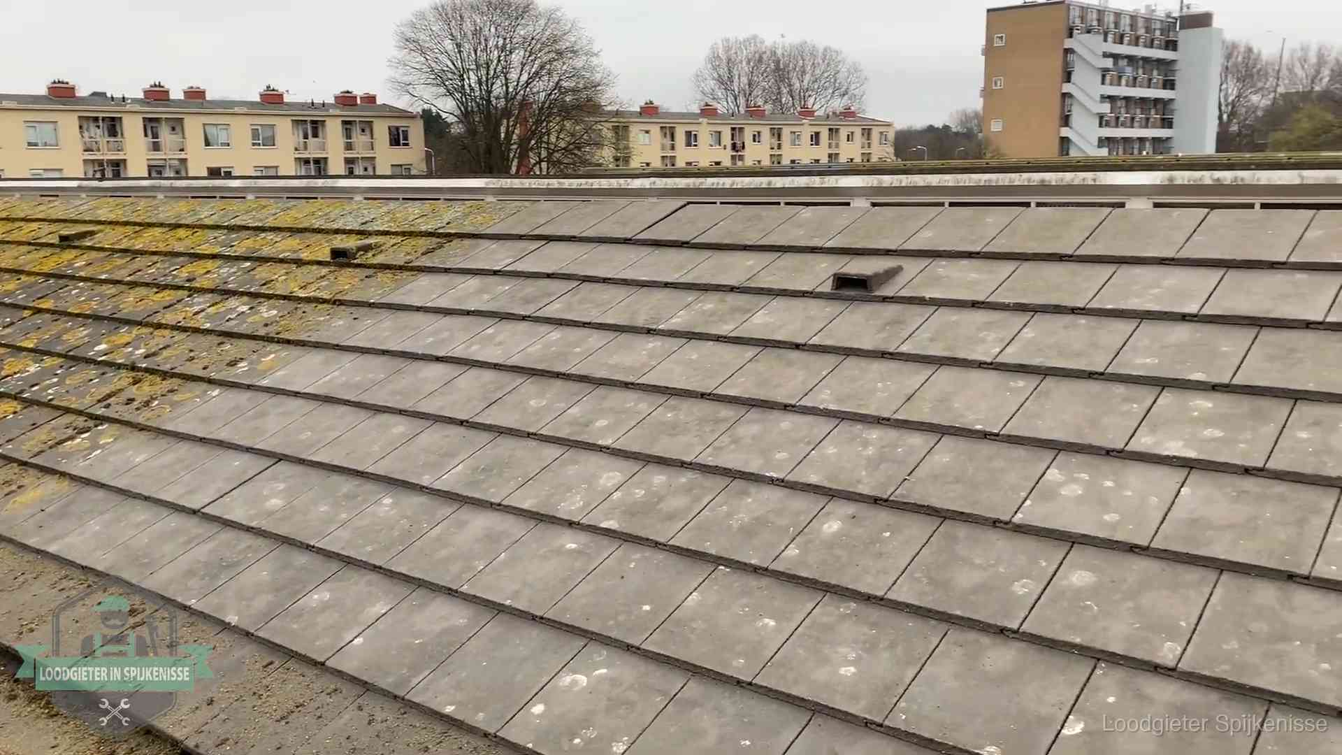 Dakpannen op een schuin dak in Spijkenisse Schuin dak met betonpannen vol mos in Spijkenisse, een risico op lekkage bij de pannen